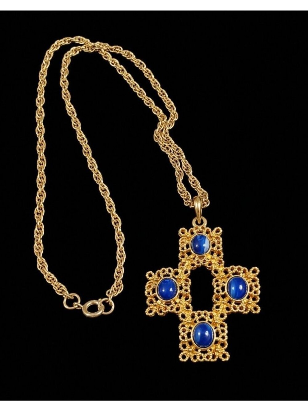 Vintage 80s Lapis Lazuli Cross Pendant Necklace Gold Tone Filigree Statement